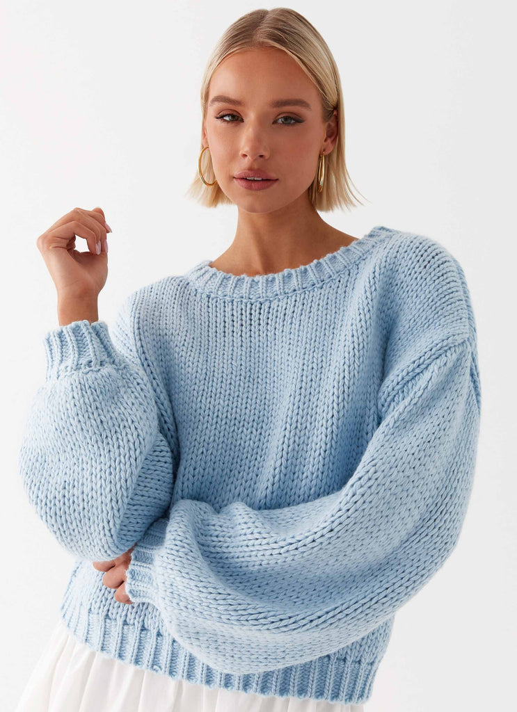 Womens Costella Knit Sweater in the colour Blue in front of a light grey background