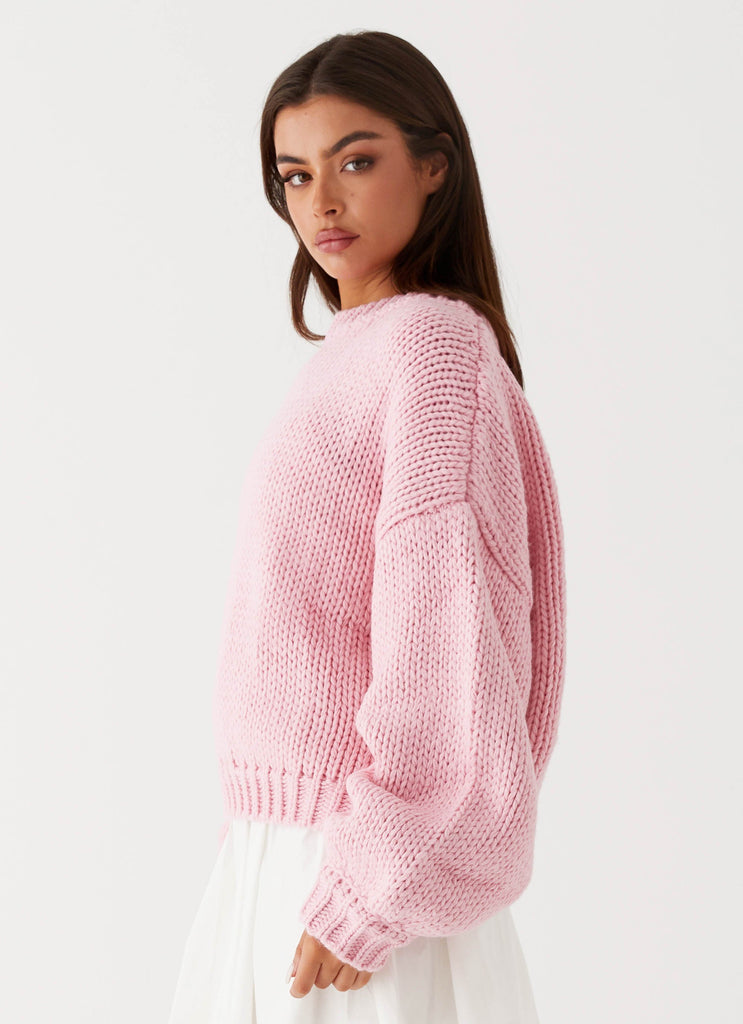 Womens Costella Knit Sweater in the colour Pink in front of a light grey background