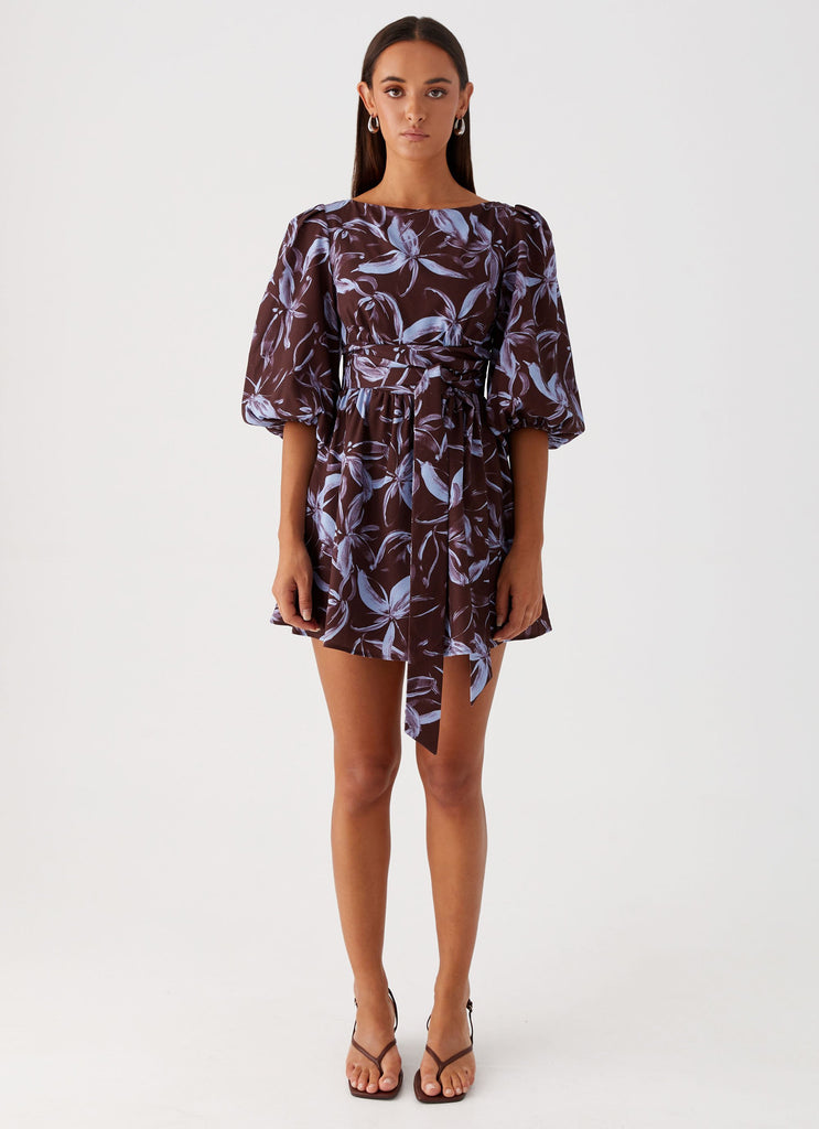 Womens Crystal Dreams Mini Dress in the colour Brown Purple Floral in front of a light grey background