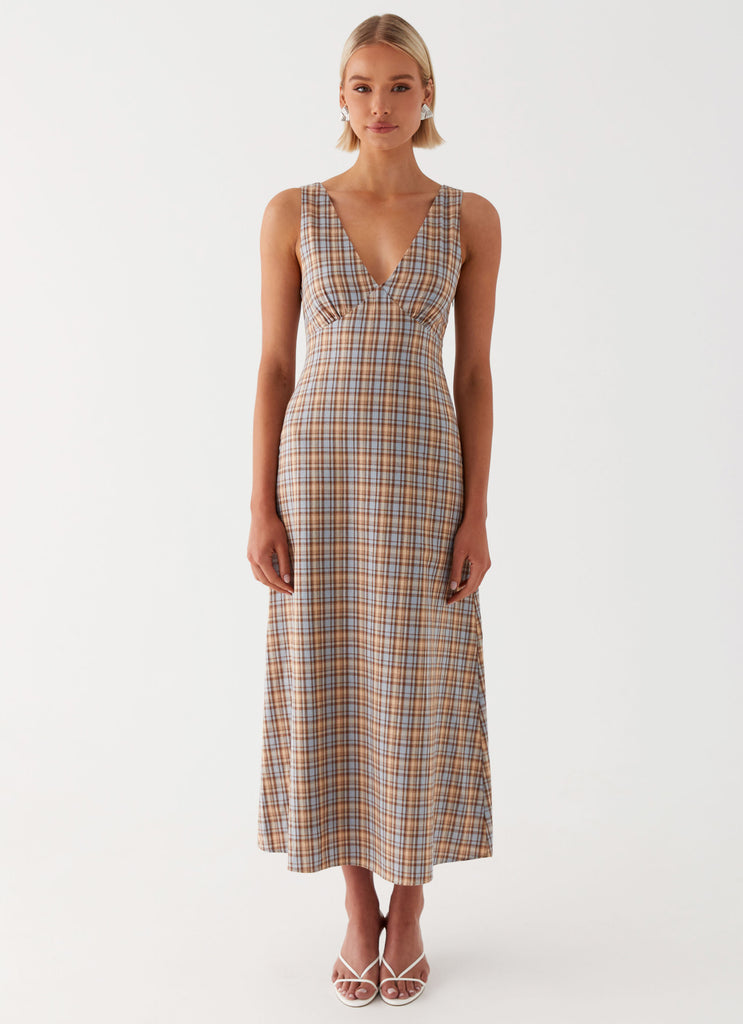 Womens Daphny Gathered Bust Midi Dress in the colour Check in front of a light grey background