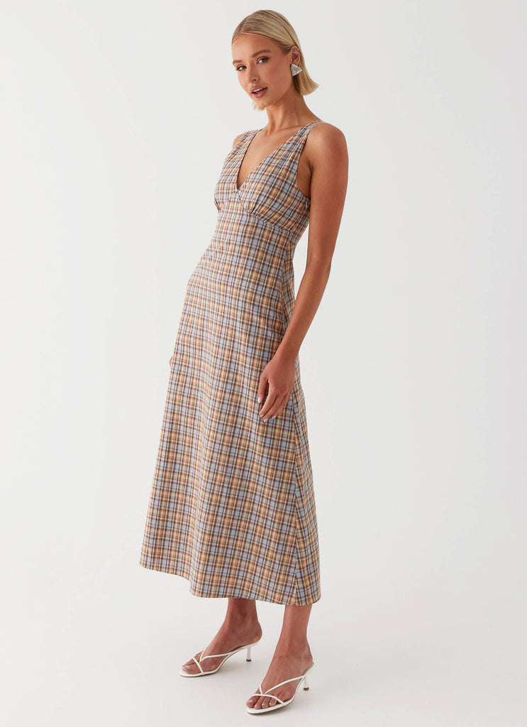 Womens Daphny Gathered Bust Midi Dress in the colour Check in front of a light grey background