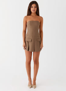 Womens Dealin the colourBreaker Mini Dress in the colour Brown Beige in front of a light grey background