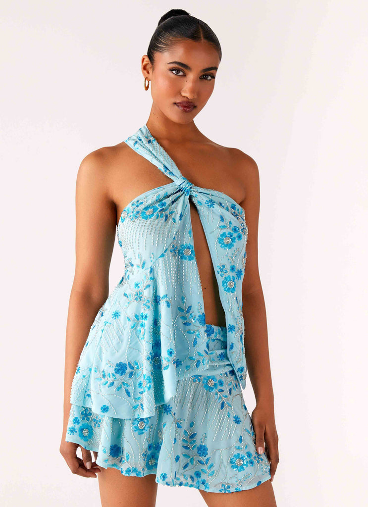 Delight Me Beaded Asymmetrical Top - Blue