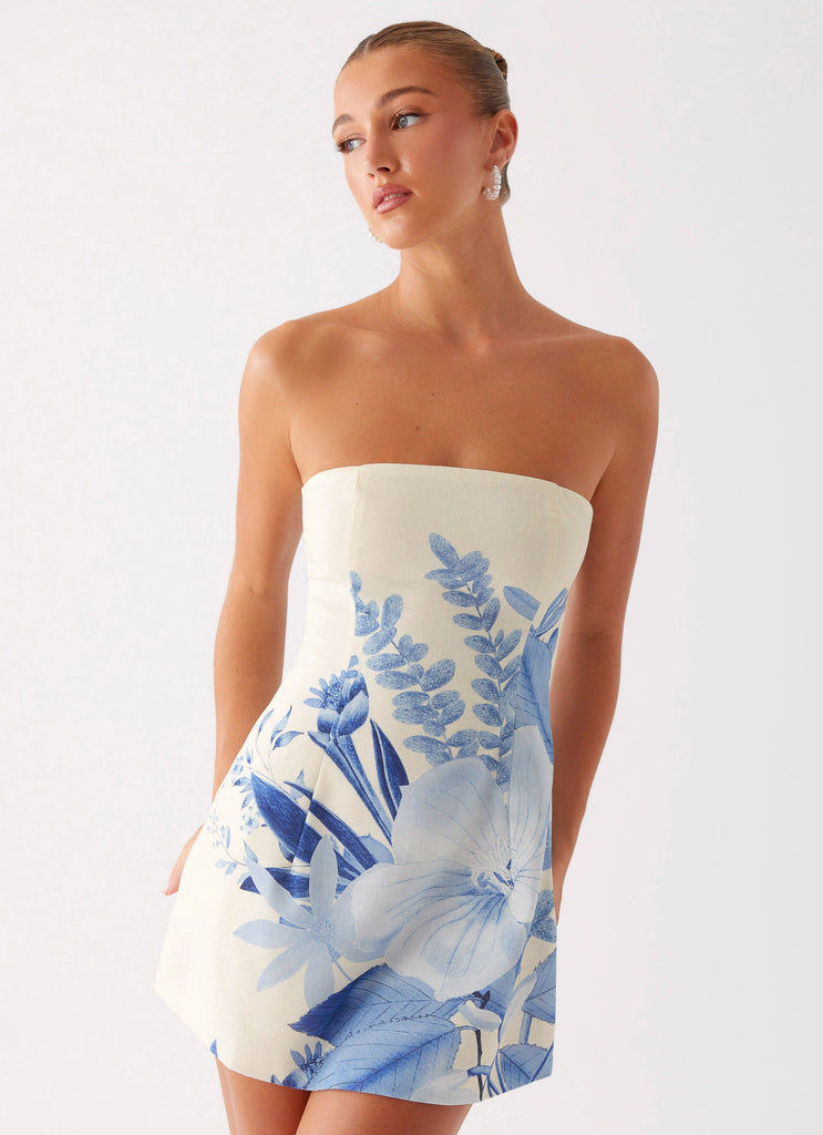 Denby Strapless Mini Dress - Blue Floral Print
