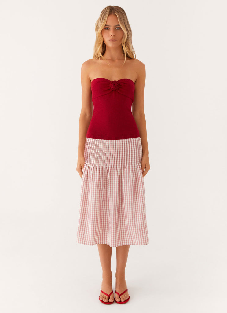 Dreamscape Midi Skirt - Maroon Gingham