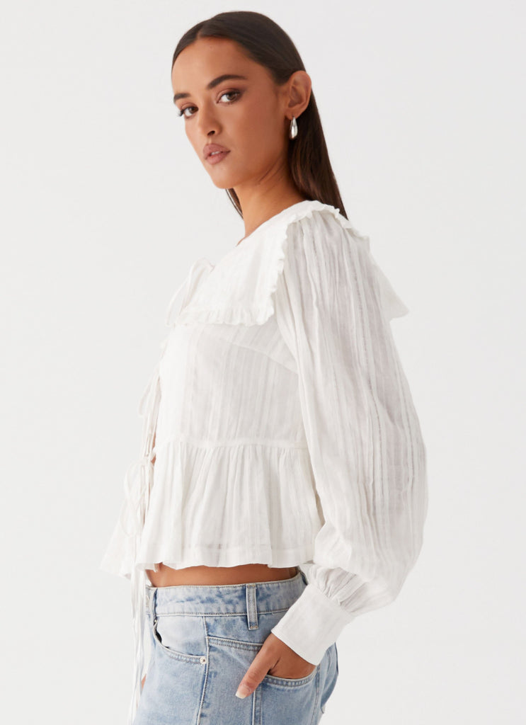 Womens Emerson Tie Front Long Sleeve Top in the colour White in front of a light grey background