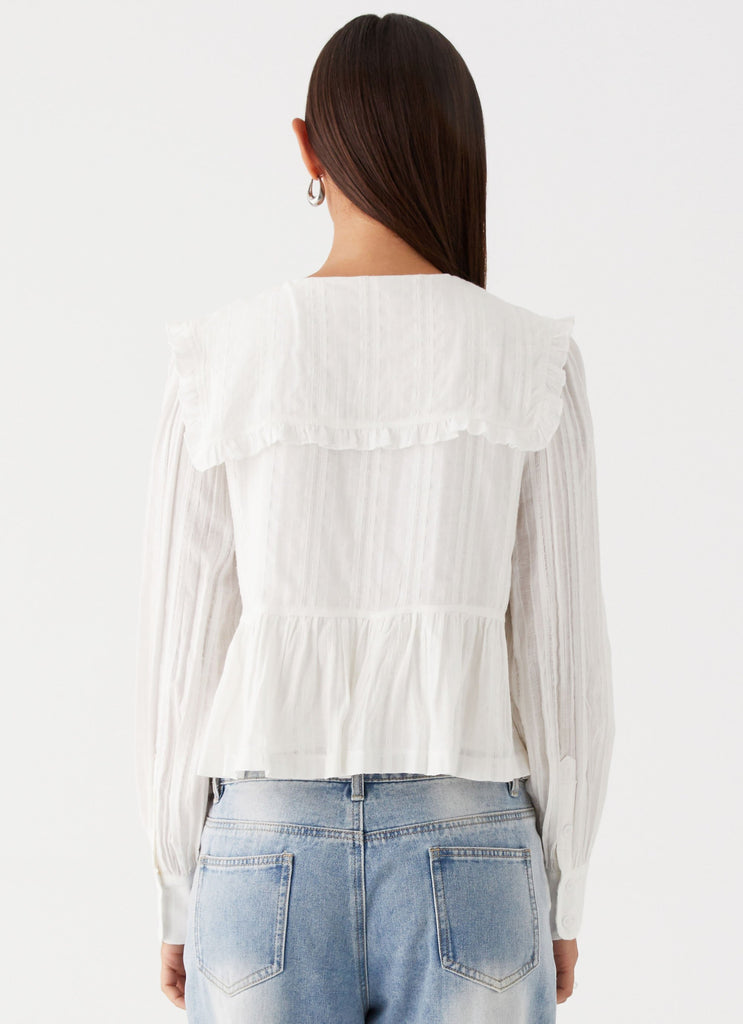 Womens Emerson Tie Front Long Sleeve Top in the colour White in front of a light grey background