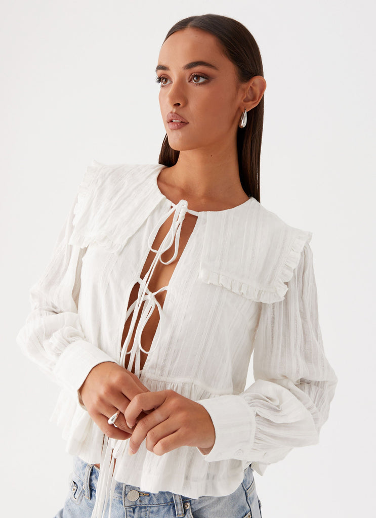 Womens Emerson Tie Front Long Sleeve Top in the colour White in front of a light grey background