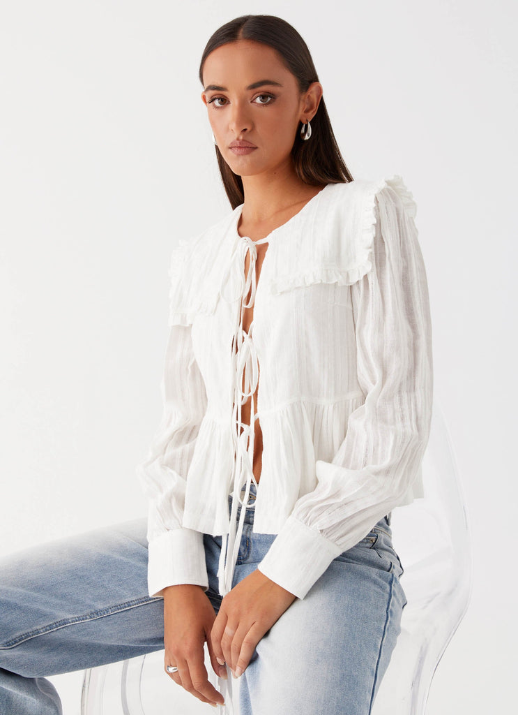 Womens Emerson Tie Front Long Sleeve Top in the colour White in front of a light grey background