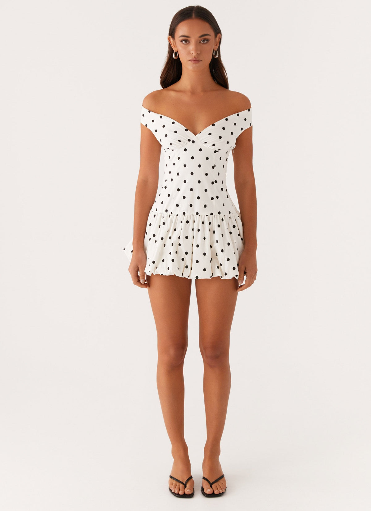 Endless Romance Off Shoulder Mini Dress - White Polka Dot