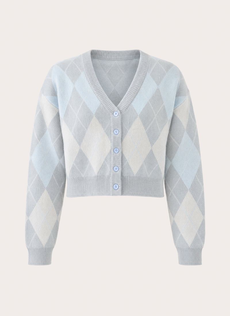 Evelina Knit Cardigan - Grey Argyle