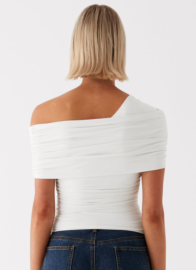 Womens Gabbie Off Shoulder Top in the colour White in front of a light grey background