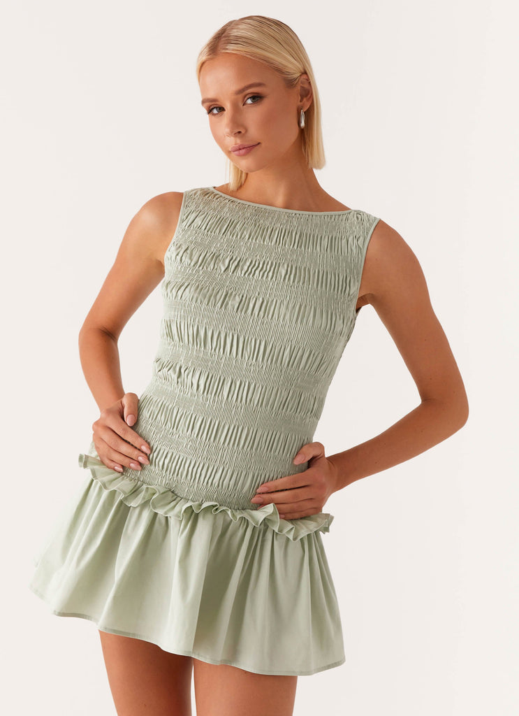 Garden Kisses Shirred Mini Dress - Sage