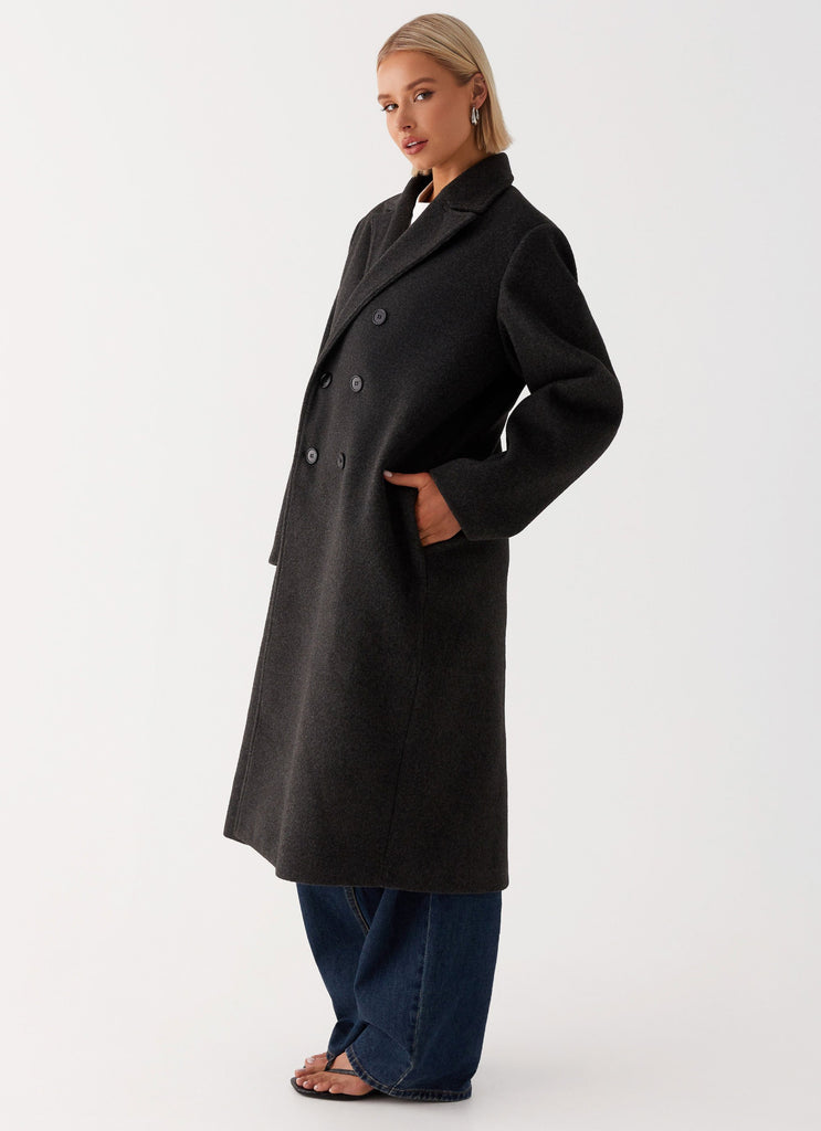 Womens Gianni Double Breast Coat in the colour Charcoal in front of a light grey background