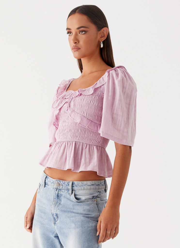 Womens Hidden Gem Shirring Top in the colour Purple in front of a light grey background