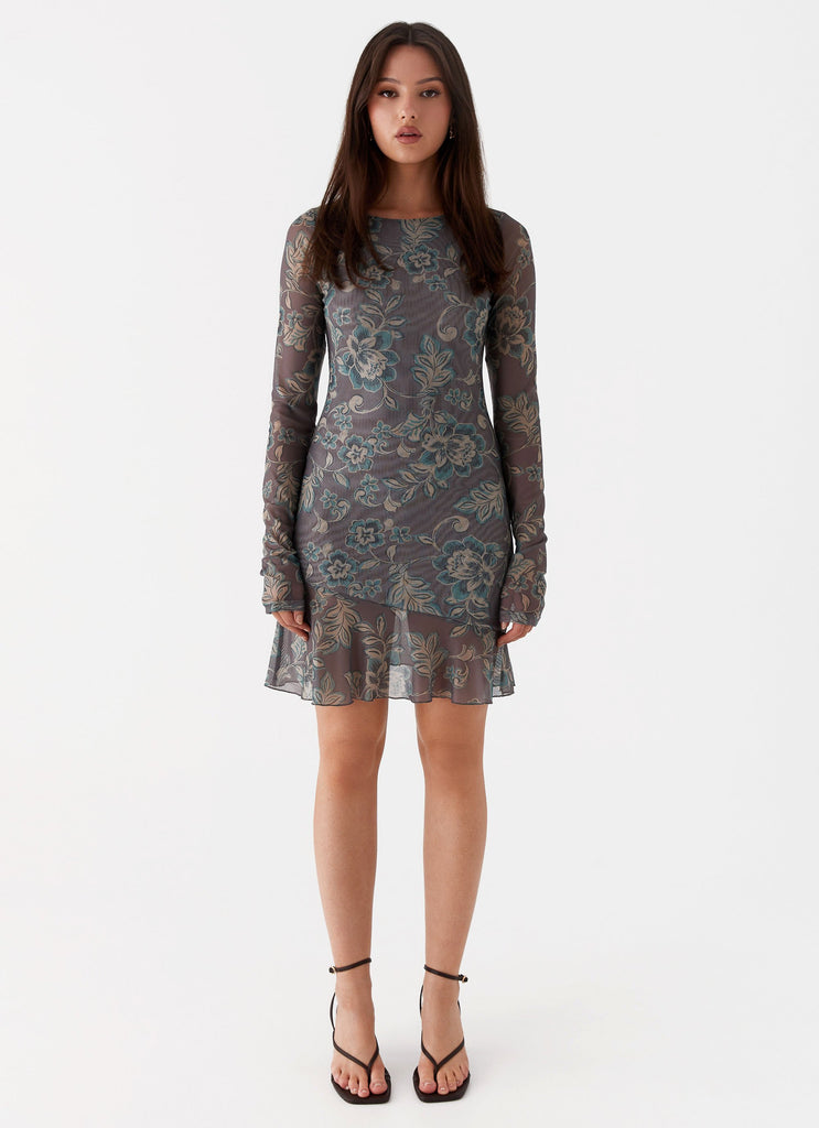 Womens Ines Long Sleeve Mini Dress in the colour Brown Floral in front of a light grey background