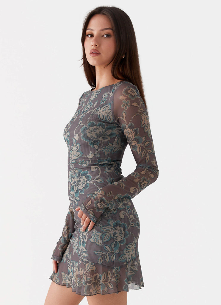 Womens Ines Long Sleeve Mini Dress in the colour Brown Floral in front of a light grey background