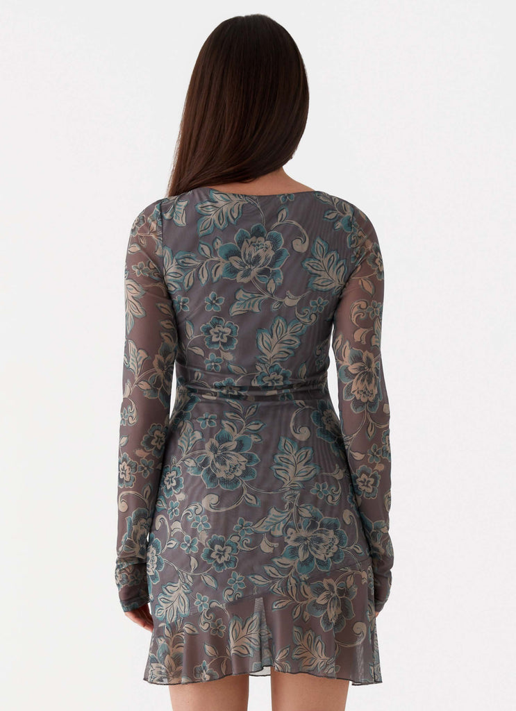 Womens Ines Long Sleeve Mini Dress in the colour Brown Floral in front of a light grey background
