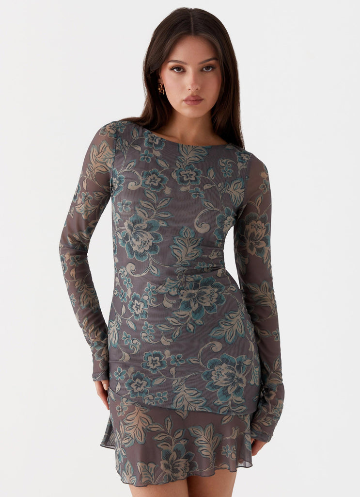 Womens Ines Long Sleeve Mini Dress in the colour Brown Floral in front of a light grey background