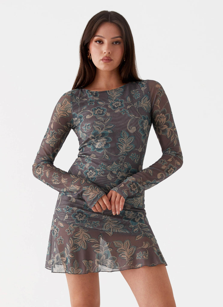 Womens Ines Long Sleeve Mini Dress in the colour Brown Floral in front of a light grey background