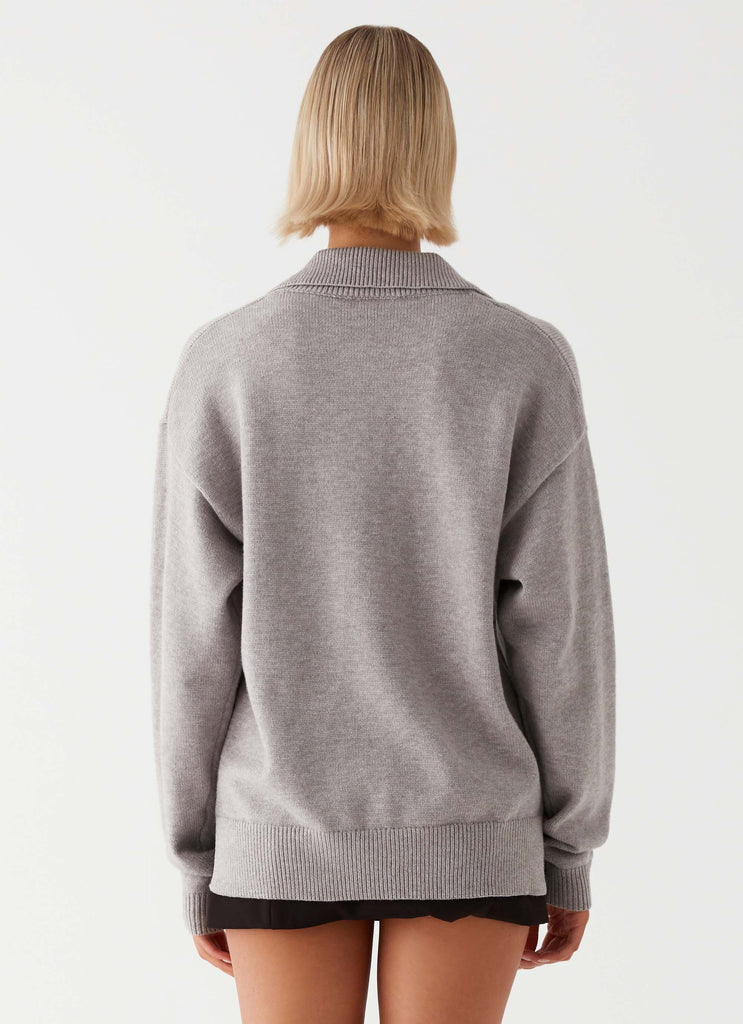 Womens Jaden Knit Polo Top in the colour Grey Marl in front of a light grey background