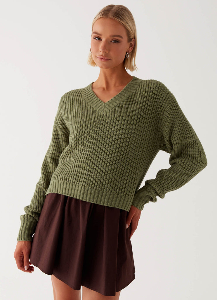 Womens Jenson Sweater in the colour Khaki in front of a light grey background