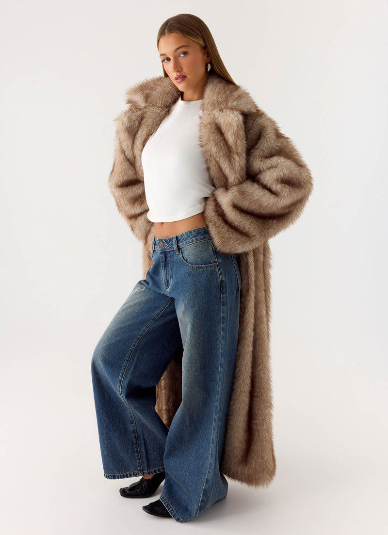 Kamil Faux Fur Maxi Coat - Tan Beige