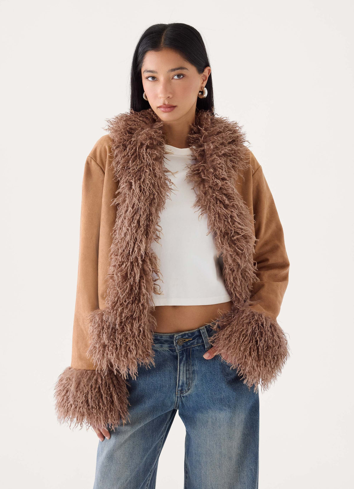 Kamsy Faux Fur Trim Coat - Tan