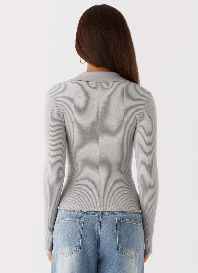 Womens Kelisa Long Sleeve Knit Top in the colour Grey in front of a light grey background
