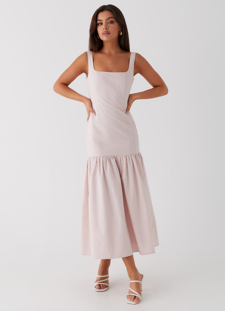 Womens Ladylike Midi Dress in the colour Pink in front of a light grey background