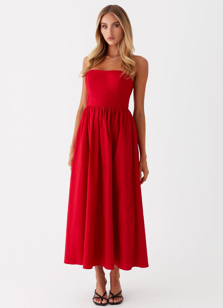 Womens Love Me Later Midi Dress in the colour Red in front of a light grey background