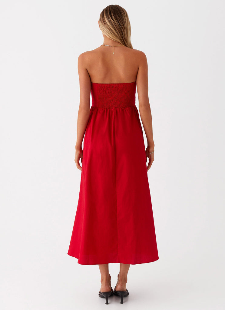 Womens Love Me Later Midi Dress in the colour Red in front of a light grey background