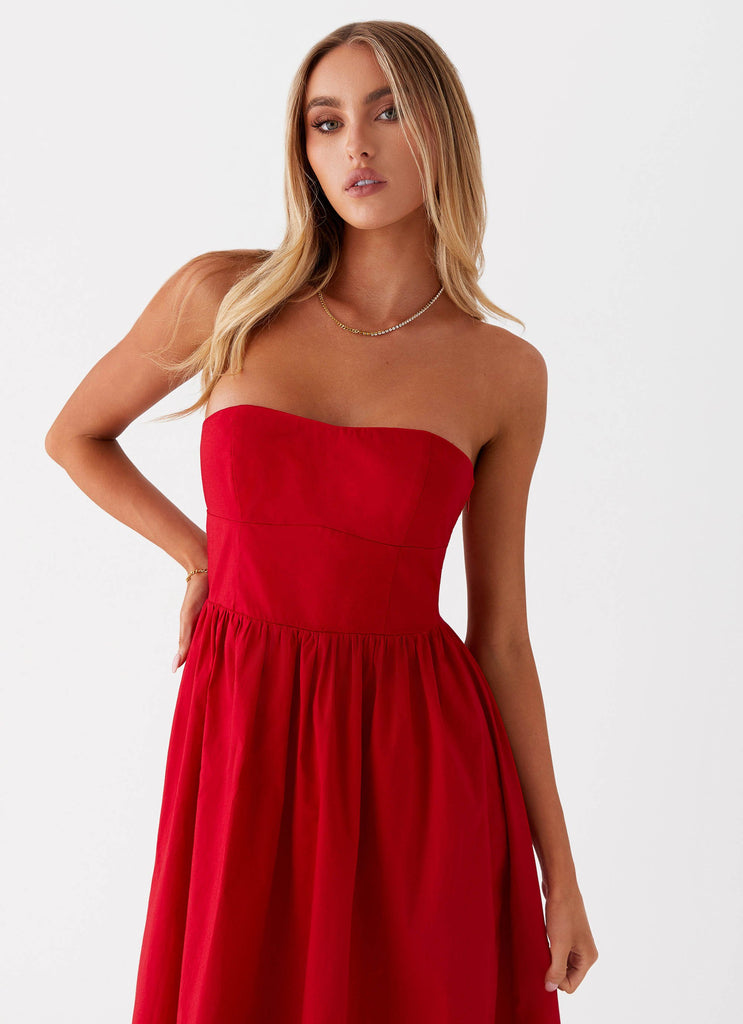 Womens Love Me Later Midi Dress in the colour Red in front of a light grey background