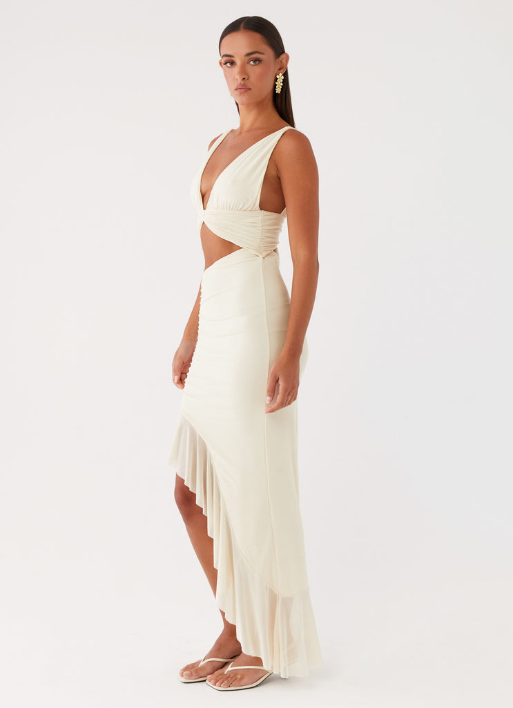 Womens Luna Eclipse Cut Out Maxi Dress in the colour Lemon in front of a light grey background