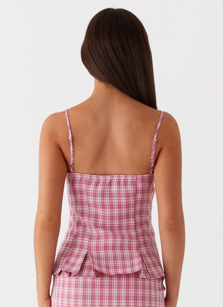 Womens Mamita Ruched Top in the colour Pink Check in front of a light grey background