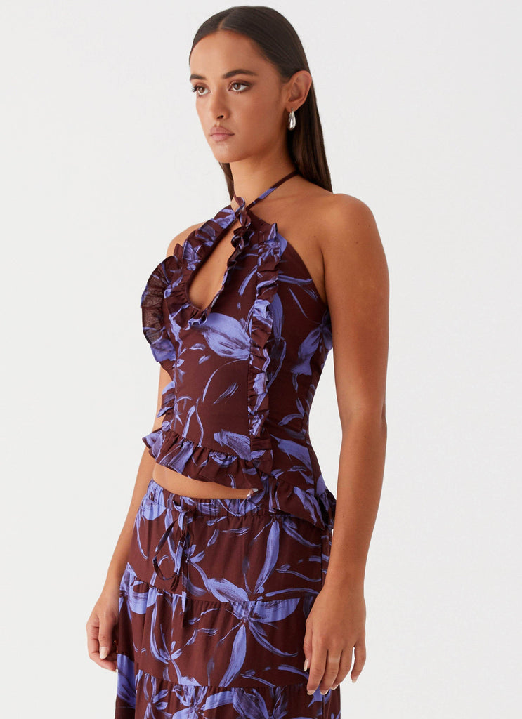 Womens Mariella Linen Top in the colour Purple Brown Floral in front of a light grey background