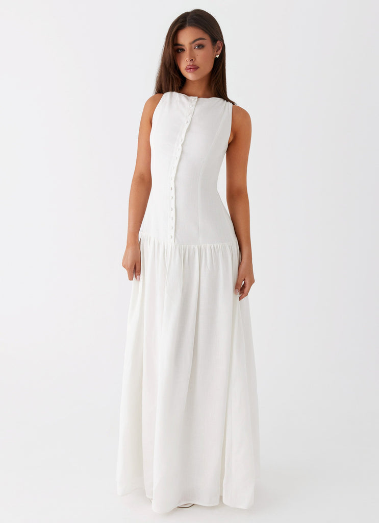 Womens Meggie Linen Maxi Dress in the colour White in front of a light grey background