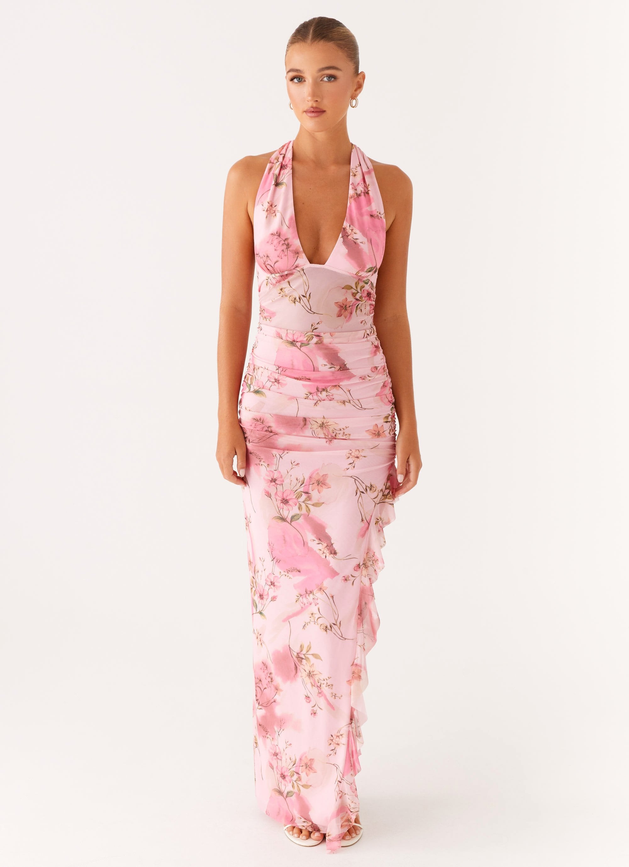 Micca Halter Maxi Dress - Pink Floral Print – Peppermayo UK