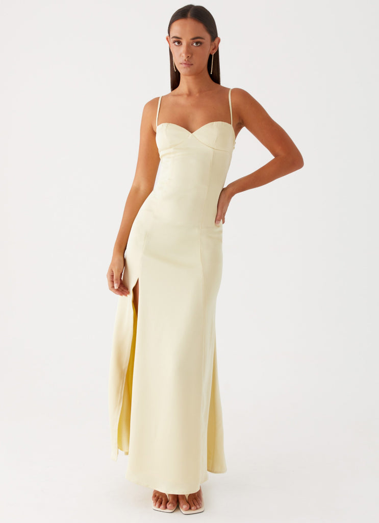 Womens Miss Bloom Maxi Dress in the colour Lemon in front of a light grey background