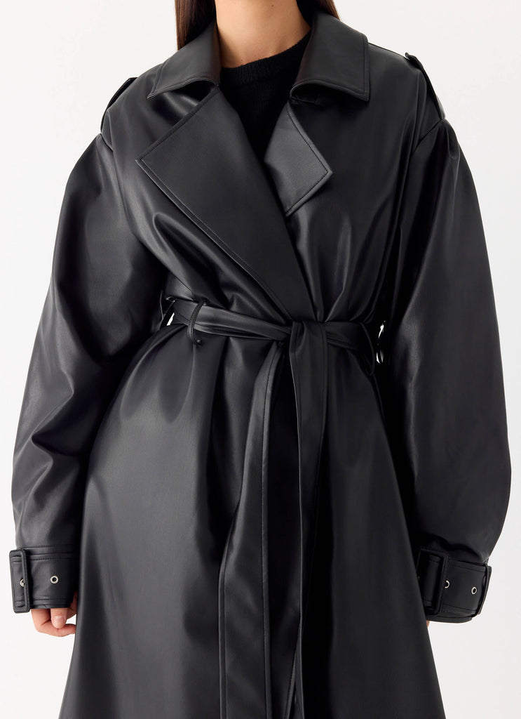 Out On The Town Faux Leather Midi Trench - Black