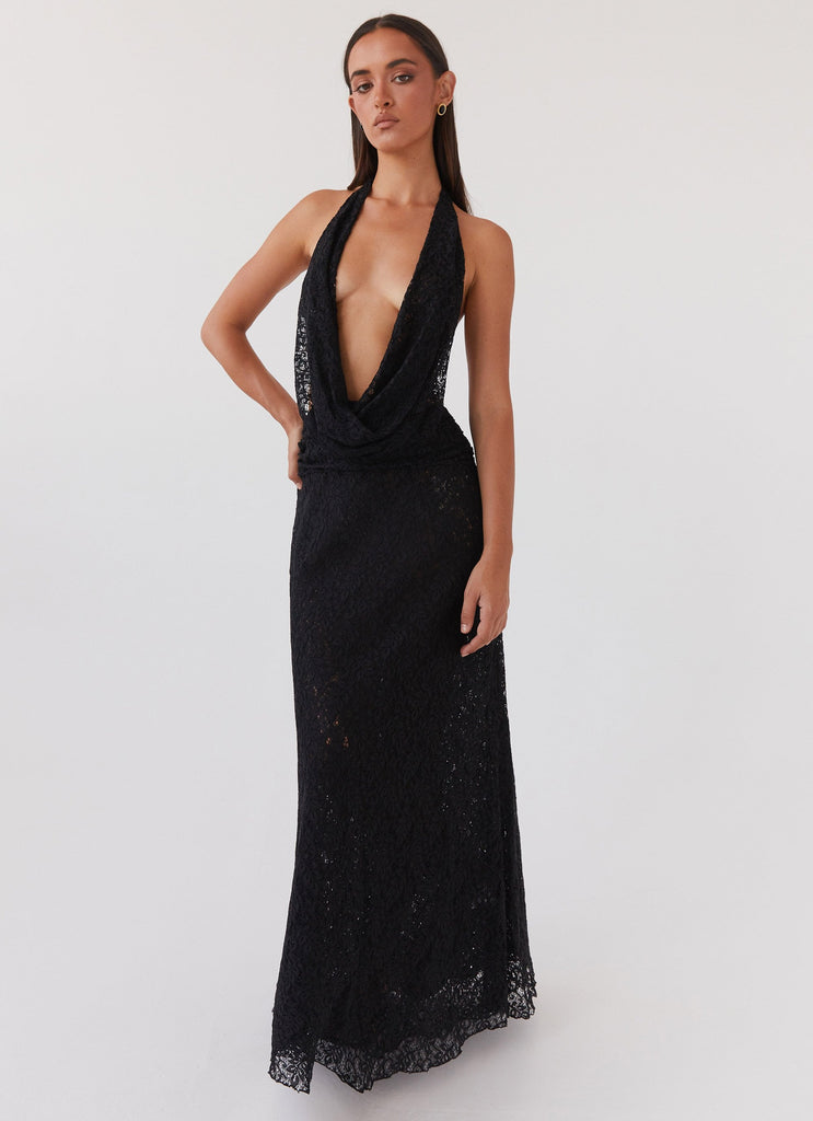 Womens Elysia Lace Maxi Dress in the colour Black in front of a light grey background