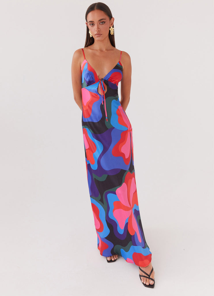 Womens Flora Satin Maxi Dress in the colour Floral Fantasy in front of a light grey background