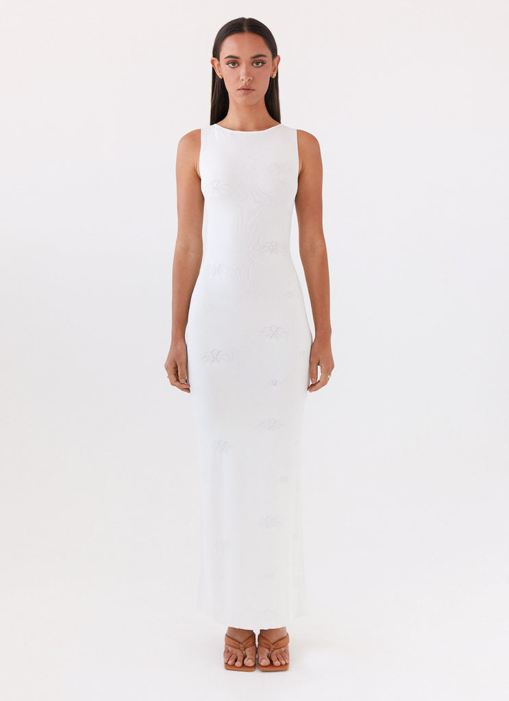 Womens Holly Knit Maxi Dress in the colour White in front of a light grey background