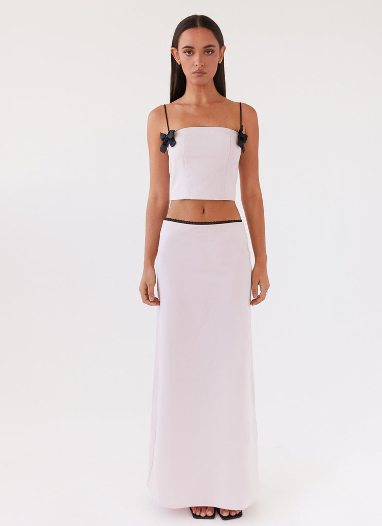 Womens Rushing Back Maxi Skirt in the colour Mauve in front of a light grey background