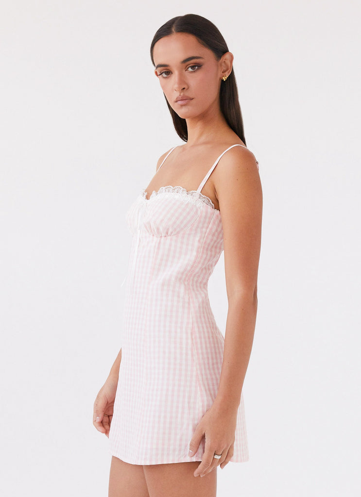 Womens Bellissima Bustier Mini Dress in the colour Pink Gingham in front of a light grey background