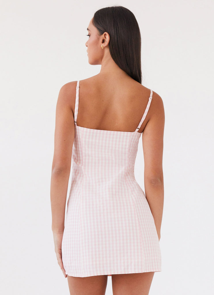 Womens Bellissima Bustier Mini Dress in the colour Pink Gingham in front of a light grey background