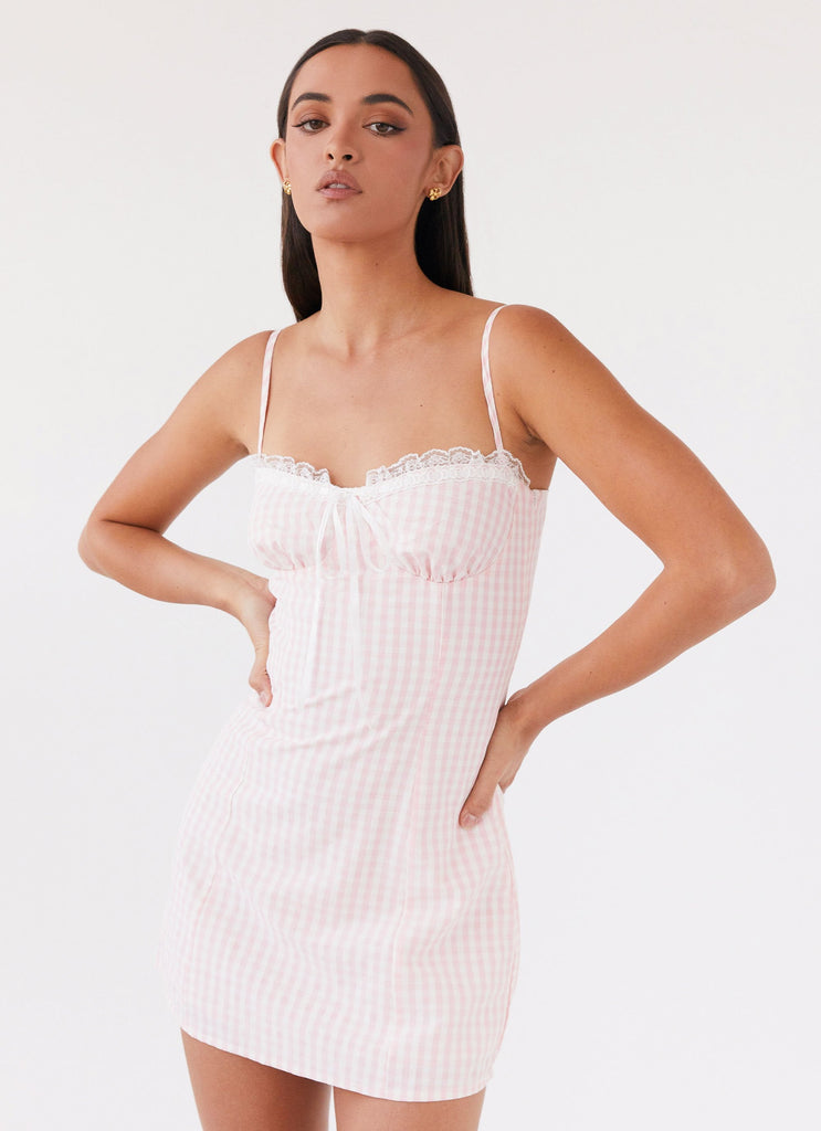 Womens Bellissima Bustier Mini Dress in the colour Pink Gingham in front of a light grey background