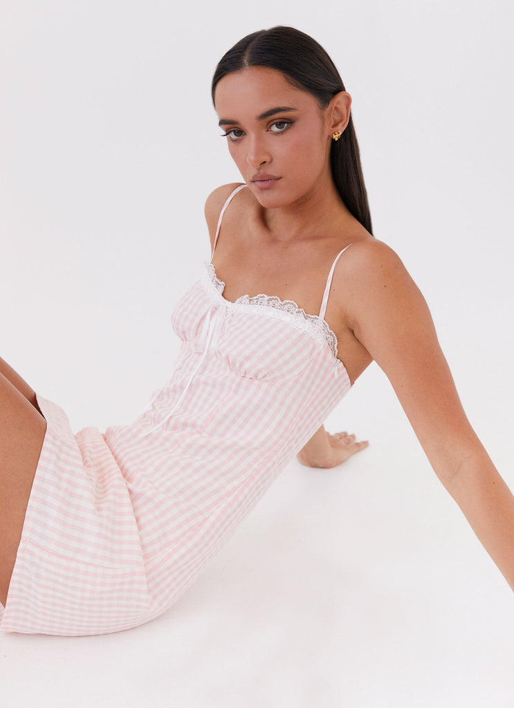 Womens Bellissima Bustier Mini Dress in the colour Pink Gingham in front of a light grey background