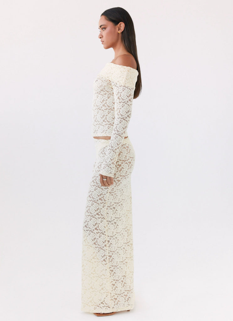 Womens Zephyra Lace Maxi Skirt in the colour Natural in front of a light grey background