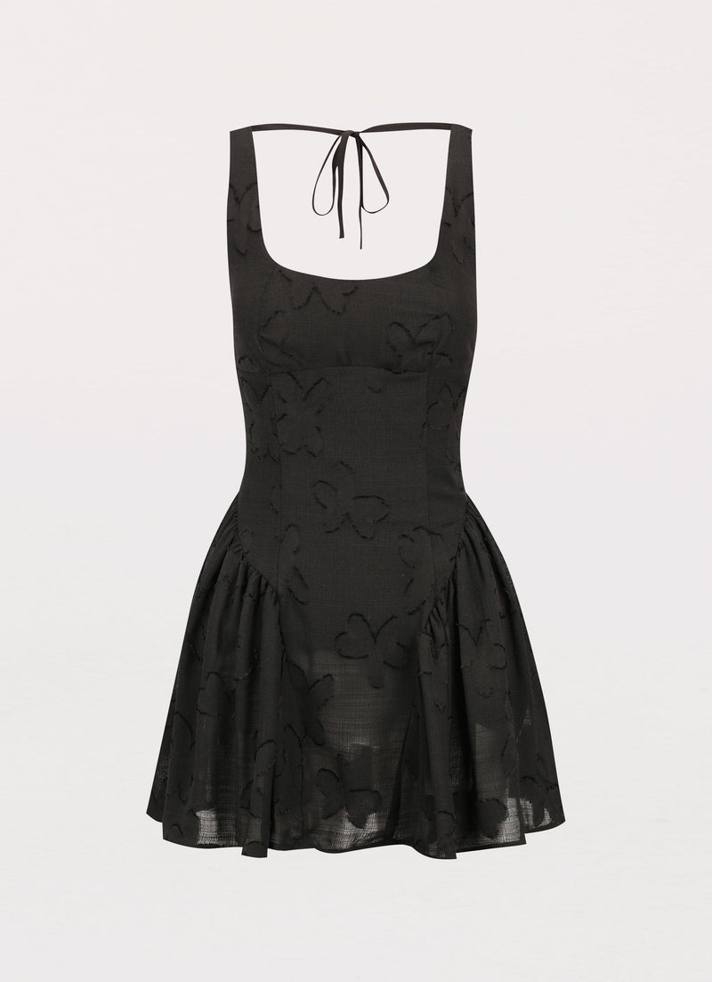 Womens Evelyn Mini Dress in the colour Black in front of a light grey background